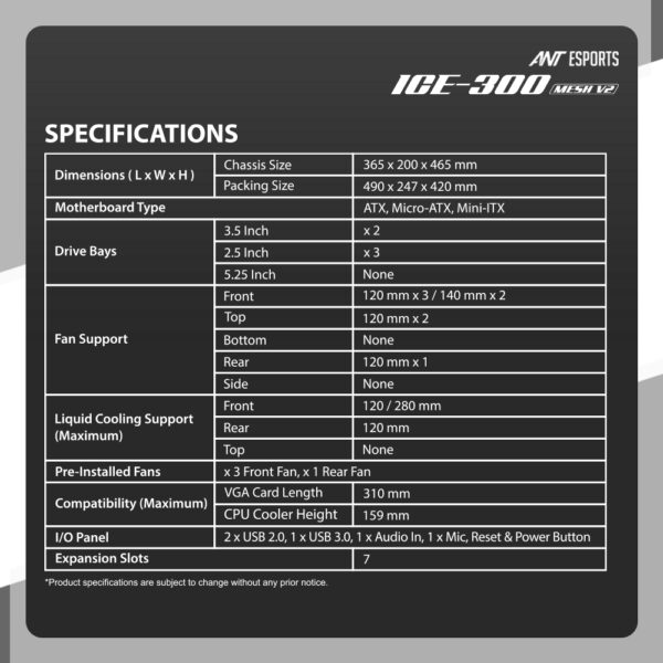 Ant Esports ICE-300 Mesh V2 ATX Mid Tower Tempered Glass Side Panel Black Gaming Cabinet With Pre-Installed Fans ( AESP0225 ) - Image 9