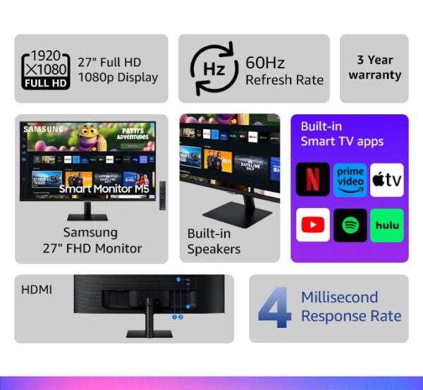 Samsung M5 LS27CM500EW 27 Inch Flat VA Panel FHD 4ms(GTG) Response Time HDR10 Flicker Free Smart Monitor With Smart TV Experience ( LS27CM500EWXXL ) - Image 7