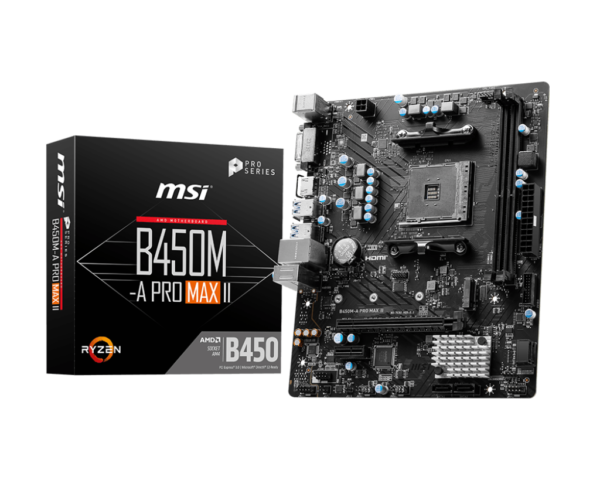 MSI B450M-A PRO MAX II mATX Motherboard ( AMD AM4 Socket, Supports AMD Ryzen 5000, 5000 G, 4000 G, 3000 , 3000 G, 2000 , 2000 G Series and 1000 Series Desktop CPU And Athlon with Radeon Vega Graphics Desktop CPU, 2x DDR4 RAM Slots, Max  64GB RAM )