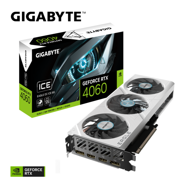 Gigabyte GeForce RTX 4060 EAGLE OC ICE 8G 8 GB GDDR6 128 bit Gaming Graphics Card With Triple Fans ( GV-N4060EAGLEOC ICE-8GD )