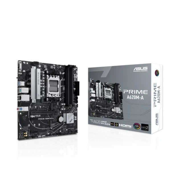 ASUS PRIME A620M-A micro-ATX Motherboard ( AMD Socket AM5, Support AMD Ryzen 9000, 8000, 7000 Series Desktop CPU, 4 x DDR5 Ram slots, Max 192GB RAM )