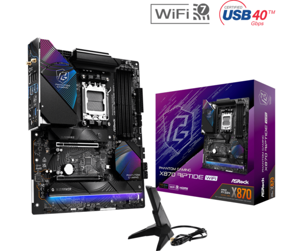 ASRock Phantom Gaming X870 Riptide WiFi ATX Motherboard ( AMD Socket AM5, Supports Ryzen 9000, 8000 and 7000 Series CPU, 4 x DDR5 Ram Slots Max 256GB RAM Support )