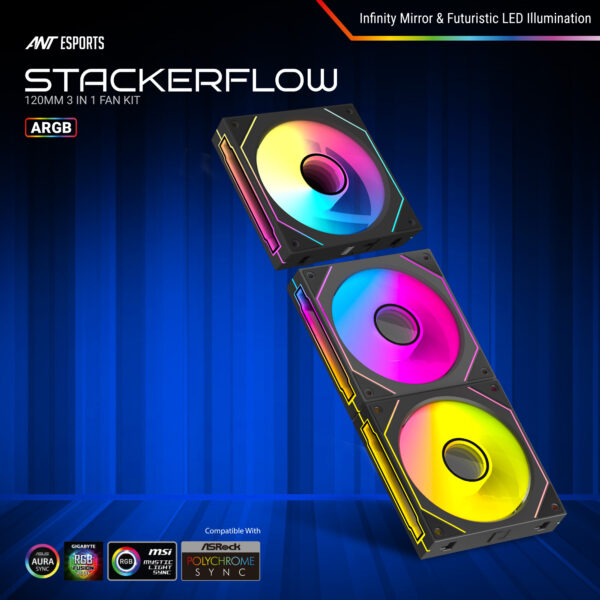 Ant Esports Stackerflow Black 120mm 1800 RPM  3 in 1 ARGB Chassis Fan ( AESP0337 )