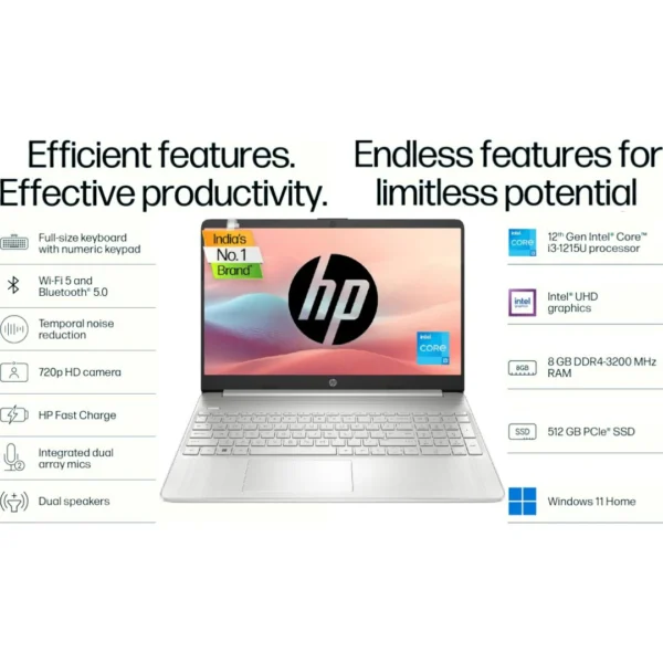 HP 15S-FD0186TU Intel Core i3-1315U 13th Gen 15.6 Inch Full HD Thin and Light Silver Laptop ( 8 GB DDR4 RAM, 512 GB SSD, WIN11+MSO ) - Image 3