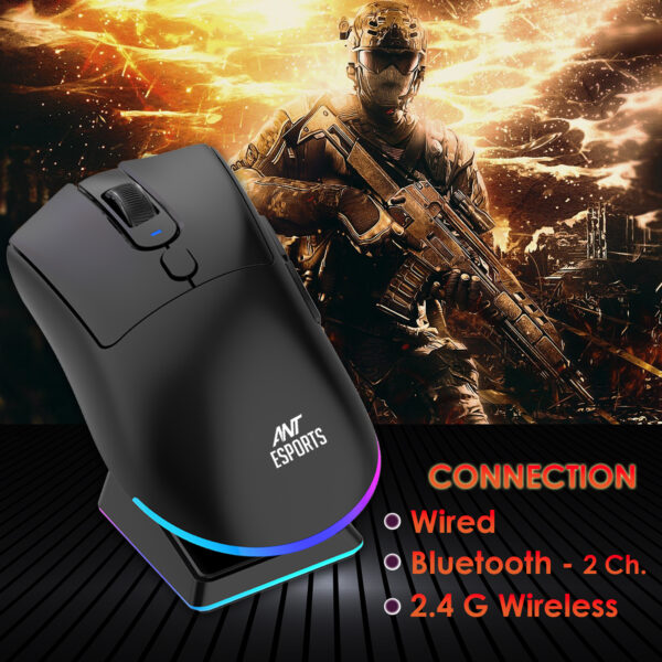 Ant Esports GM900 Pro 3 in1Rechargeable Wireless + BT + Wired 4800 DPI Black Gaming Mouse With Charging RGB Dock ( AEPP0198 ) - Image 3