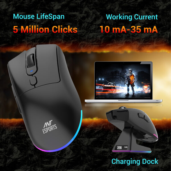 Ant Esports GM900 Pro 3 in1Rechargeable Wireless + BT + Wired 4800 DPI Black Gaming Mouse With Charging RGB Dock ( AEPP0198 ) - Image 5