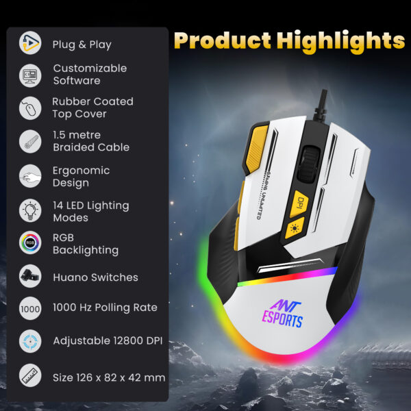 Ant Esports GM333 Wired Optical Ergonomic Design 12800 DPI Huano Switches With Rubber Coated Top Cover Black Yellow White Gaming Mouse ( AEPP0240 ) - Image 3