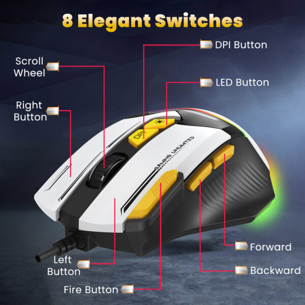 Ant Esports GM333 Wired Optical Ergonomic Design 12800 DPI Huano Switches With Rubber Coated Top Cover Black Yellow White Gaming Mouse ( AEPP0240 ) - Image 4