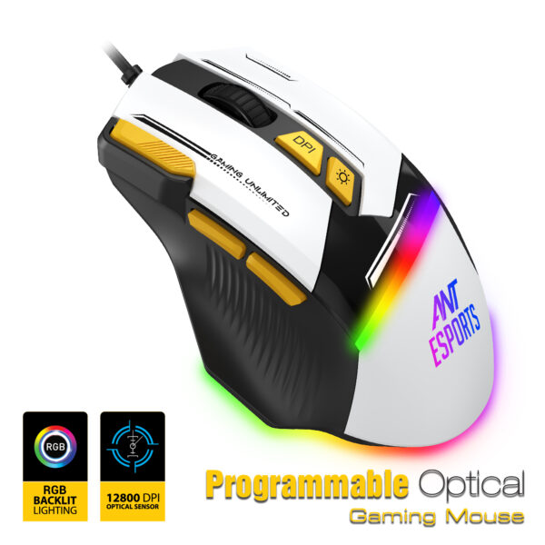 Ant Esports GM333 Wired Optical Ergonomic Design 12800 DPI Huano Switches With Rubber Coated Top Cover Black Yellow White Gaming Mouse ( AEPP0240 ) - Image 2