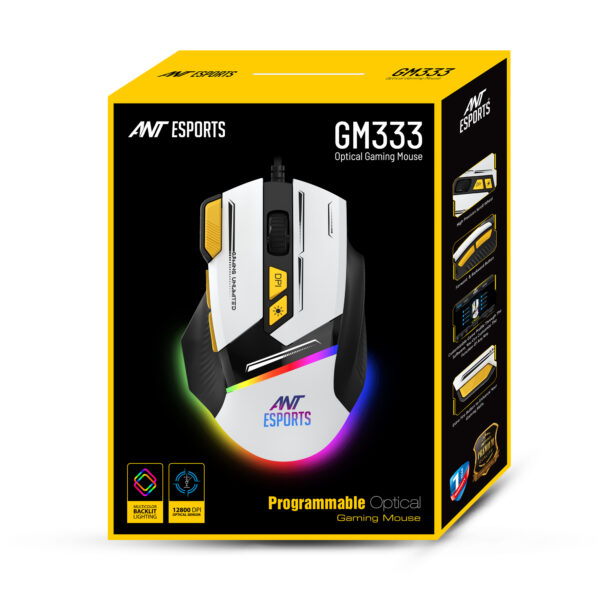 Ant Esports GM333 Wired Optical Ergonomic Design 12800 DPI Huano Switches With Rubber Coated Top Cover Black Yellow White Gaming Mouse ( AEPP0240 ) - Image 10
