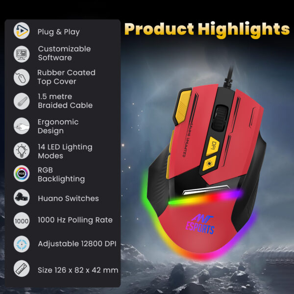 Ant Esports GM333 RGB Wired High End Optical Ergonomic Design 12800 DPI Black-Red Gaming Mouse ( AEPP0241 ) - Image 3
