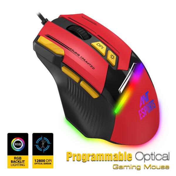 Ant Esports GM333 RGB Wired High End Optical Ergonomic Design 12800 DPI Black-Red Gaming Mouse ( AEPP0241 ) - Image 2