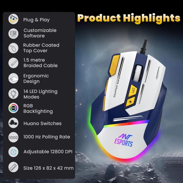 Ant Esports GM333 RGB Wired High End Optical Ergonomic 12800 DPI Huano Switches With Rubber Coated Top Cover Blue White Yellow Gaming Mouse ( AEPP0243 ) - Image 3