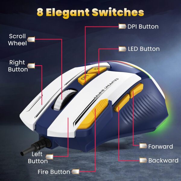 Ant Esports GM333 RGB Wired High End Optical Ergonomic 12800 DPI Huano Switches With Rubber Coated Top Cover Blue White Yellow Gaming Mouse ( AEPP0243 ) - Image 4