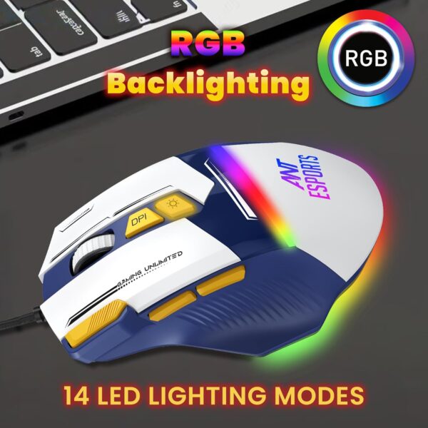 Ant Esports GM333 RGB Wired High End Optical Ergonomic 12800 DPI Huano Switches With Rubber Coated Top Cover Blue White Yellow Gaming Mouse ( AEPP0243 ) - Image 8