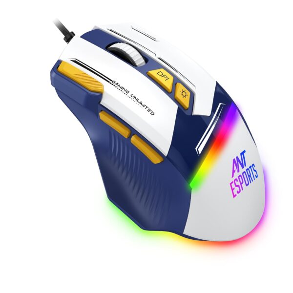 Ant Esports GM333 RGB Wired High End Optical Ergonomic 12800 DPI Huano Switches With Rubber Coated Top Cover Blue White Yellow Gaming Mouse ( AEPP0243 ) - Image 2
