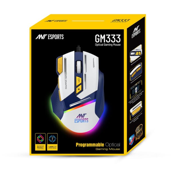 Ant Esports GM333 RGB Wired High End Optical Ergonomic 12800 DPI Huano Switches With Rubber Coated Top Cover Blue White Yellow Gaming Mouse ( AEPP0243 ) - Image 10