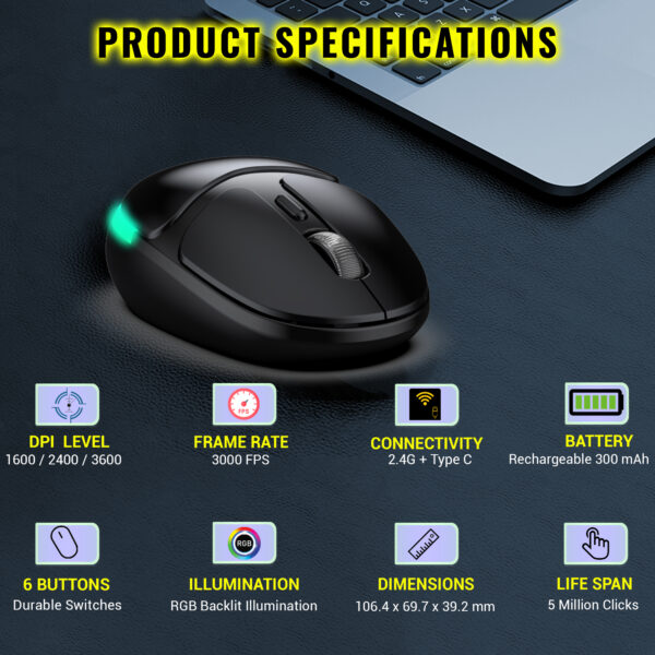 Ant Esports GM325 PRO Mini Wireless Static RGB 3600 DPI 5 Buttons Black Gaming Mouse ( AEPP0246 ) - Image 5