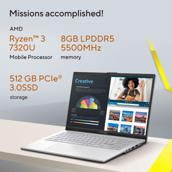 ASUS Vivobook Go 15 OLED E1504FA-LK321WS AMD Ryzen 3 7320U 7th Gen 15.6-inch FHD OLED 60Hz 0.2ms Laptop ( 8GB LPDDR5 RAM, 512GB SSD, Windows 11, MS Office, Cool Silver ) - Image 3