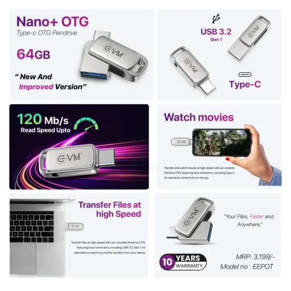 EVM 64GB Elite Nano + Type-C OTG USB 3.2 Gen 1 Pen Drive ( EEPOT/64G ) - Image 2