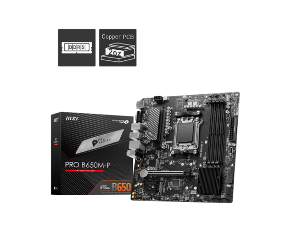 MSI PRO B650M-P mATX Motherboard ( AMD Socket AM5, Supports AMD Ryzen 9000, 8000, 7000 Series CPU, 4x DDR5 RAM Slots Max 256GB RAM )