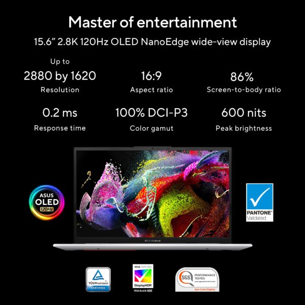 ASUS Vivobook S 15 OLED S5504VA-MA943WS Intel Evo Intel Core i9-13900H 13th Gen 15.6-inch 2.8K 120 Hz OLED Light Weight Laptop ( 16GB LPDDR5, 512GB SSD, Windows 11, MS Office, Cool Silver ) - Image 3