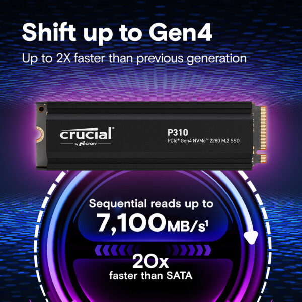 Crucial P310 1TB M.2 NVMe 2280 PCIe Gen4 SSD With Heatsink ( CT1000P310SSD5 ) - Image 2