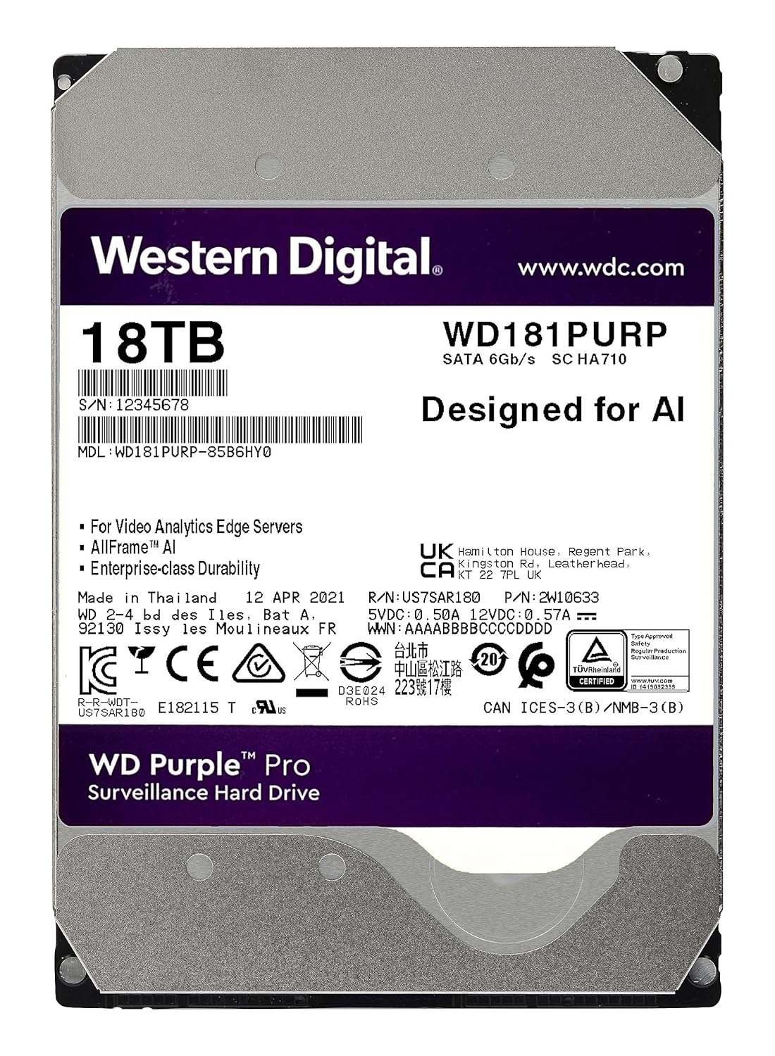 WD WD181PURP 18TB PURPLE ハードディスク Western Digital WD Purple Pro 18TB 3.5-Inch SATA 512MB Cache