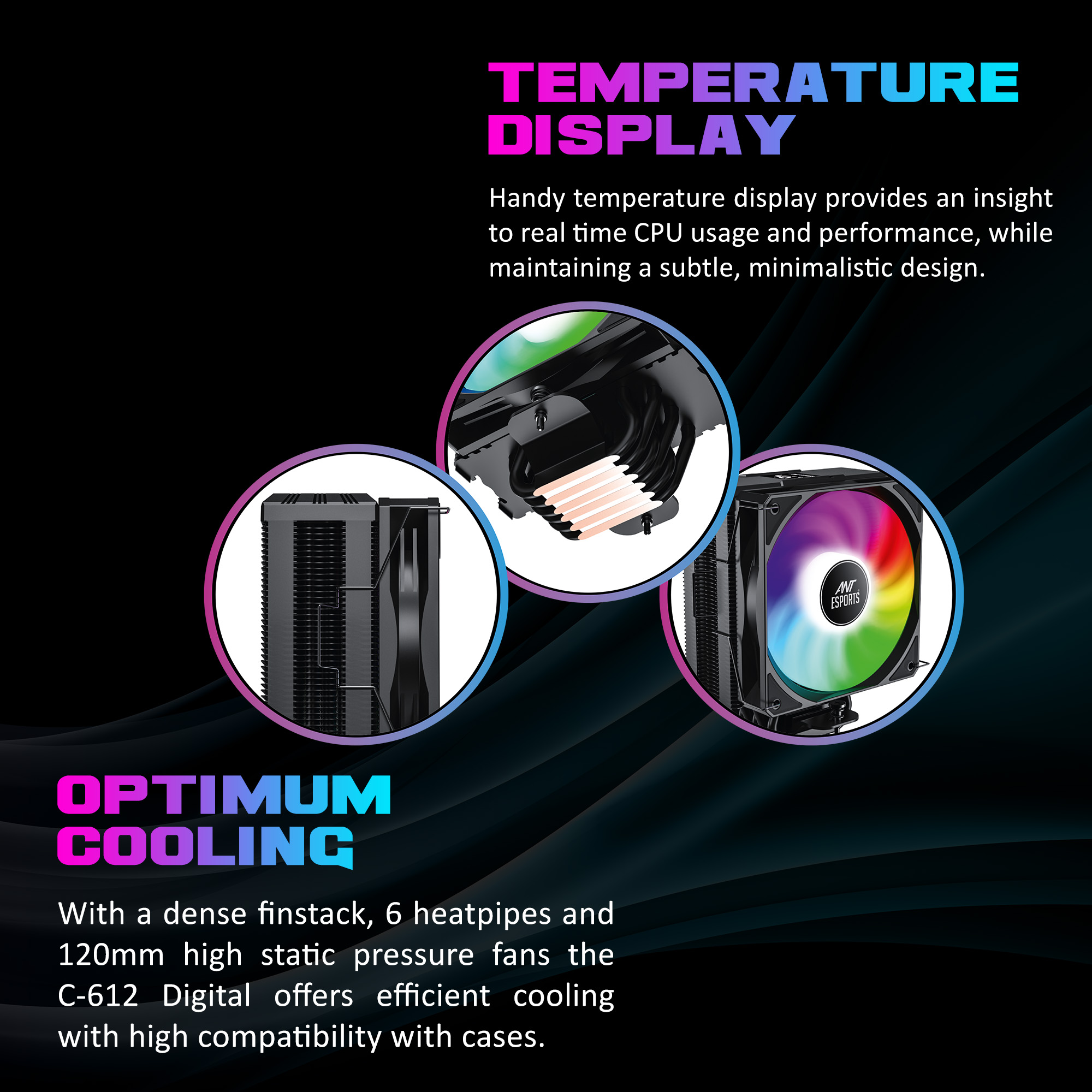 Ant Esports ICE-C612 Digital Single Tower 120mm ARGB AM5/LGA1851 Black Cpu Air Cooler With Temperature Dispaly ( AESP0316 ) - Image 6
