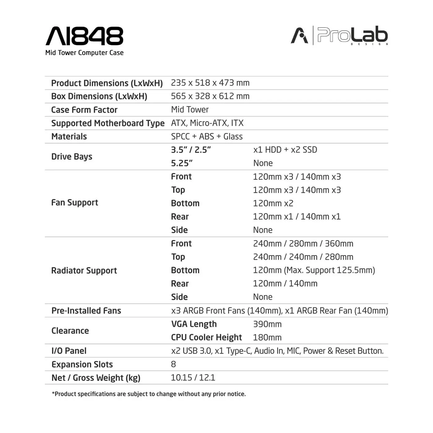 ProLab Design AI848 ARGB ATX Mid-Tower Workstation PC Case With Pre-installed ARGB Fans - Image 9