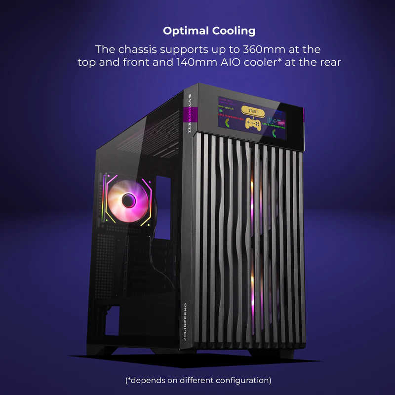 Zebronics Zeb Inferno Black EATX Mini Tower Tempered Glass Side Panel LCD Display Gaming Cabinet With Pre-Installed ARGB LED Fans - Image 4