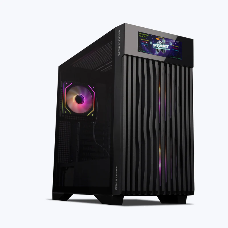 Zebronics Zeb Inferno Black EATX Mini Tower Tempered Glass Side Panel LCD Display Gaming Cabinet With Pre-Installed ARGB LED Fans