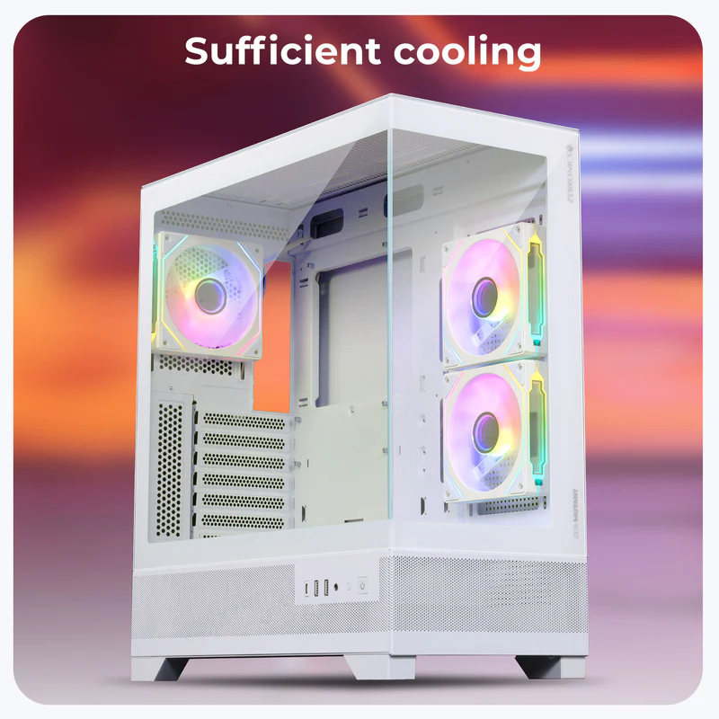 Zebronics Zeb Mutant White ATX Mid Tower Tempered Glass Front & Side Panel Gaming Cabinet With Pre-Installed ARGB Fans - Image 2