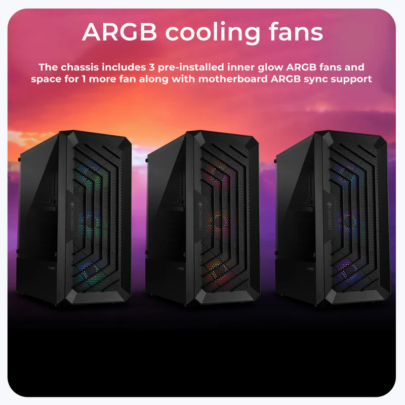 Zebronics Zeb Orcus Black ATX Mid Tower Gaming Cabinet With ARGB Fans - Image 4