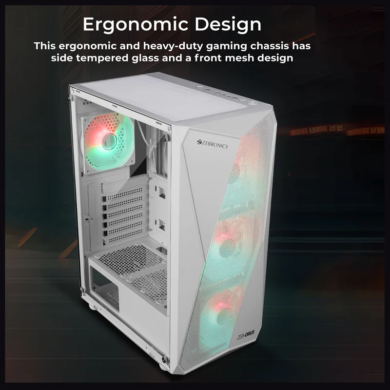 Zebronics Zeb Orus White ATX Mid Tower Tempered Glass Side Panel
