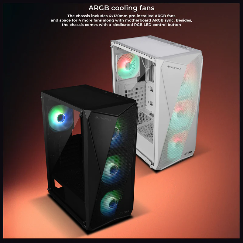 Zebronics Zeb Orus White ATX Mid Tower Tempered Glass Side Panel