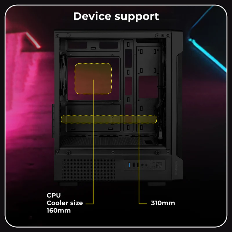 Zebronics Zeb Stealth Black mATX Mini Tower Tempered Glass Side Panel Gaming Cabinet With Pre-Installed ARGB LED Fans - Image 3
