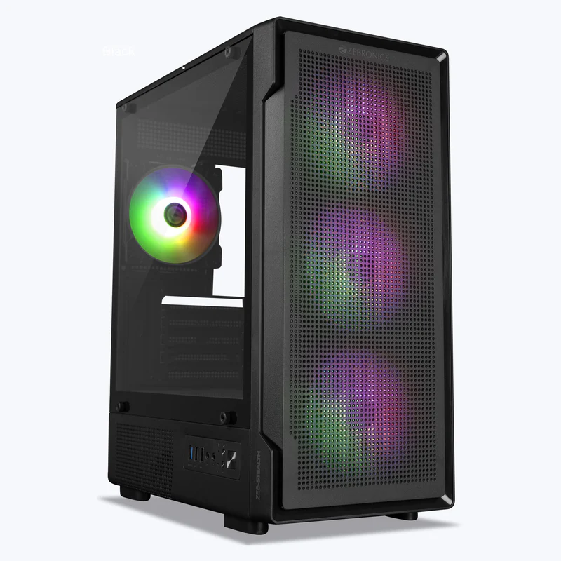 Zebronics Zeb Stealth Black mATX Mini Tower Tempered Glass Side Panel Gaming Cabinet With Pre-Installed ARGB LED Fans