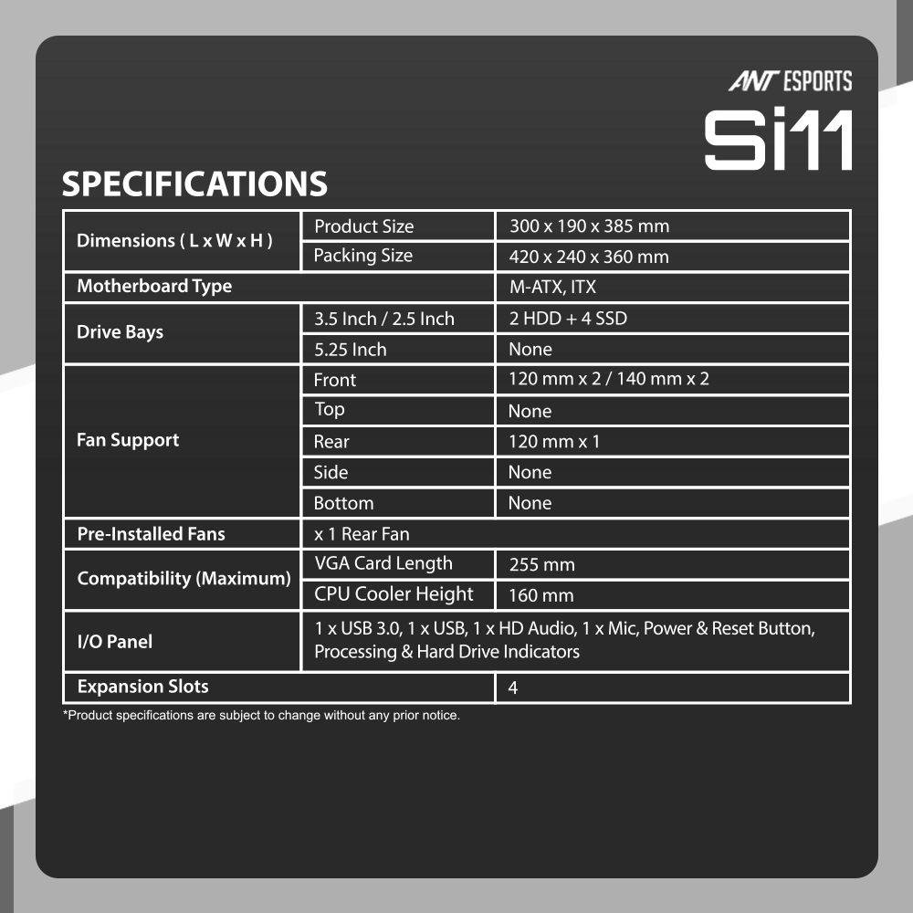 Ant Esports Si11 Black ATX Mid-Tower Cabinet With Pre-Installed Fans ( AESP0272 ) - Image 8