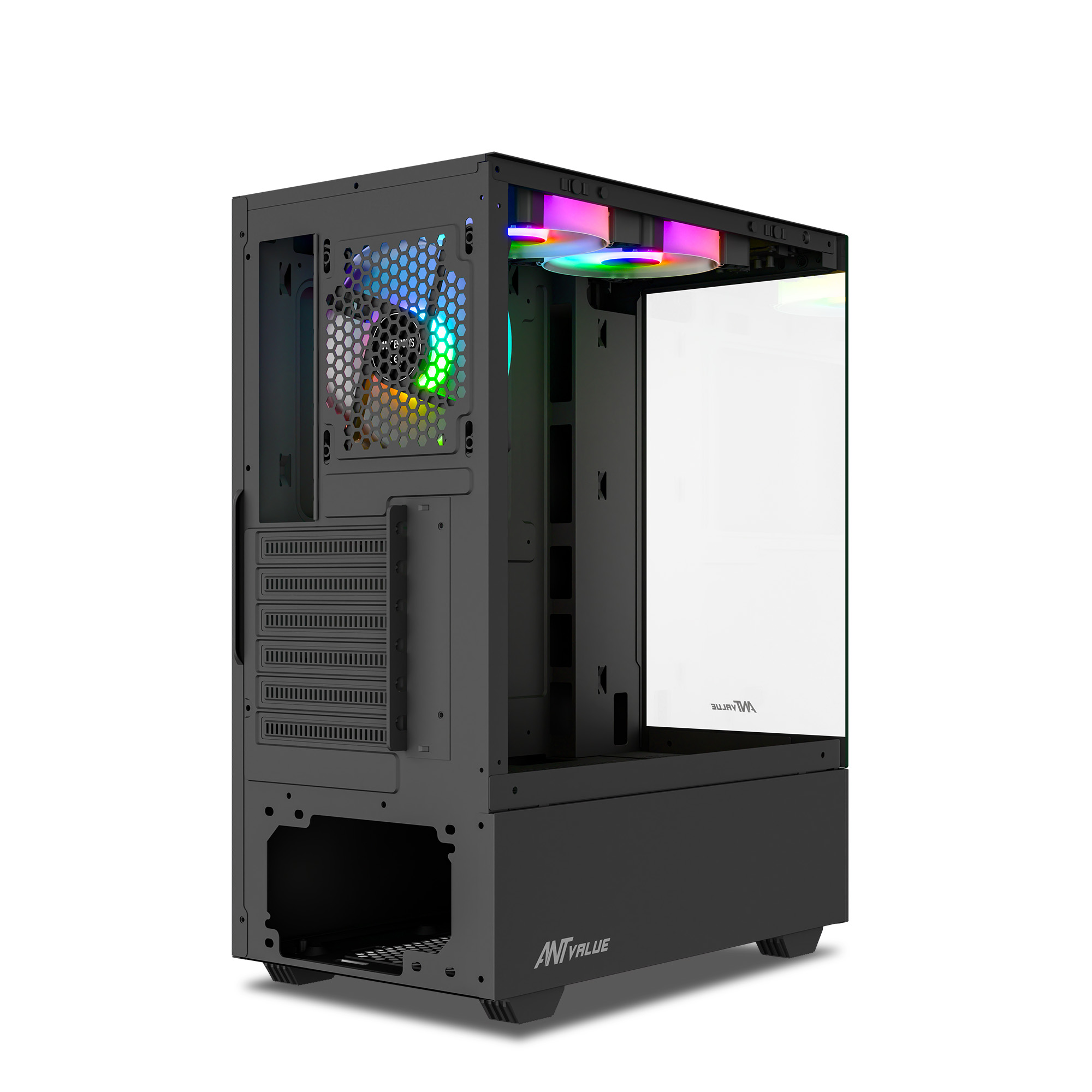 Ant Value CV100 M-ATX Mid-Tower Tempered Glass Side Panel Black Gaming Cabinet With Pre-Installed Rainbow Fans ( AVLC0003 ) - Image 4