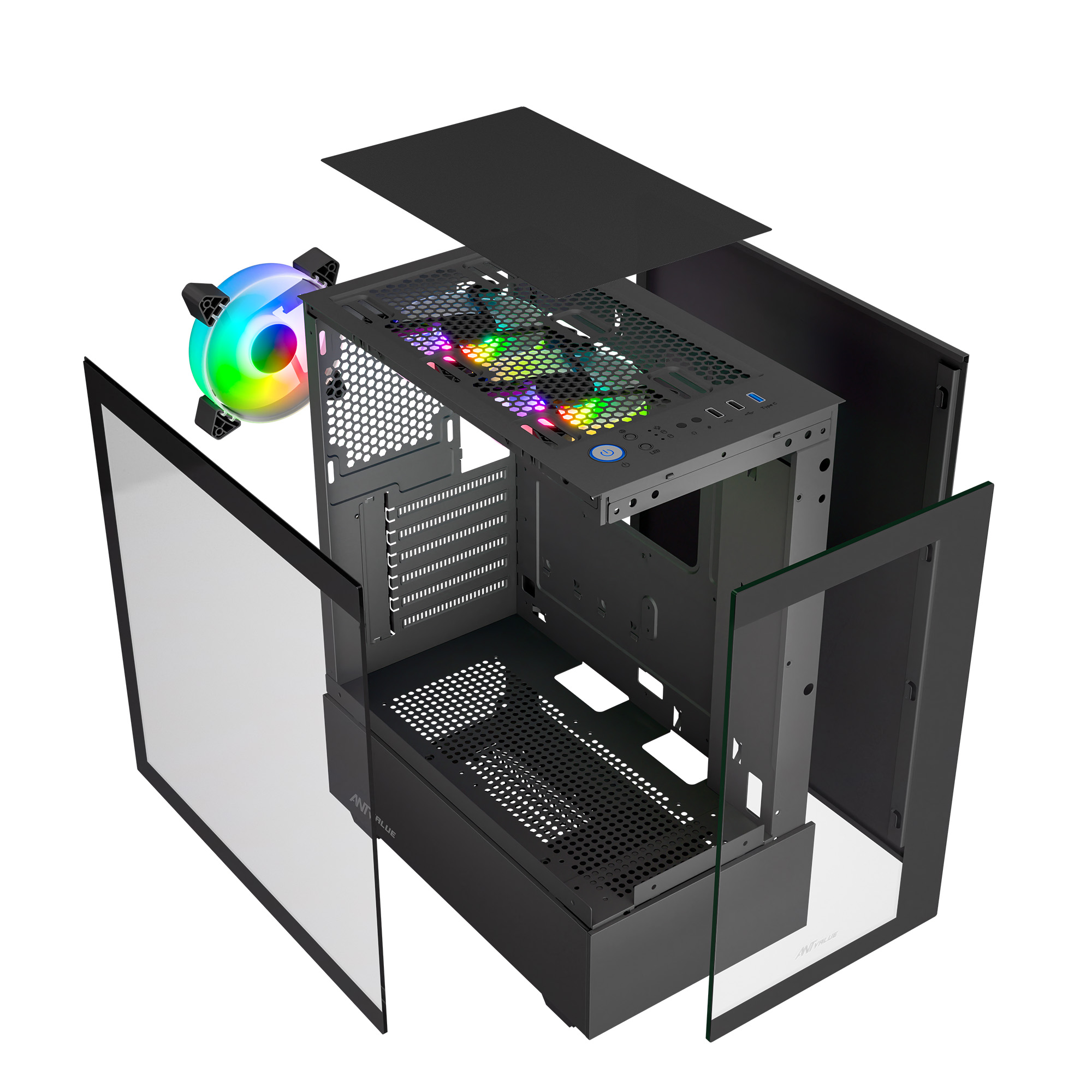 Ant Value CV100 M-ATX Mid-Tower Tempered Glass Side Panel Black Gaming Cabinet With Pre-Installed Rainbow Fans ( AVLC0003 ) - Image 7