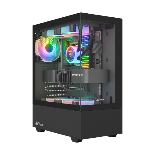 Ant Value CV100 M-ATX Mid-Tower Tempered Glass Side Panel Black Gaming Cabinet With Pre-Installed Rainbow Fans ( AVLC0003 )