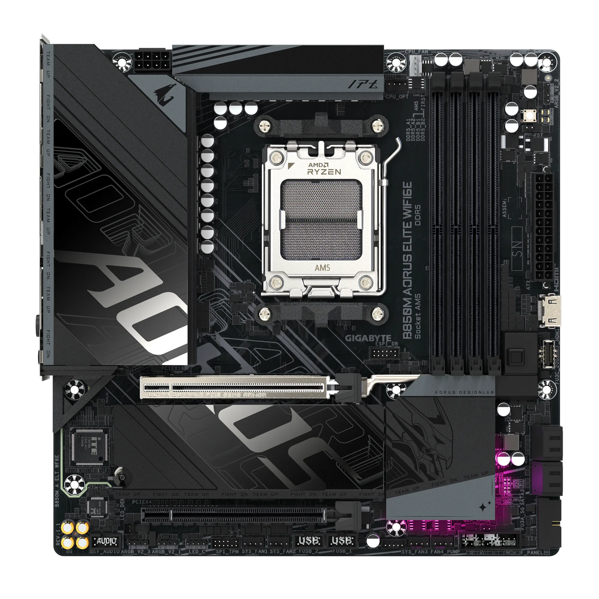 Gigabyte B850M AORUS ELITE WIFI6E (rev. 1.x) Micro ATX Motherboard ( AMD Socket AM5, Support AMD Ryzen 9000, 8000, 7000 Series Processors, 4 x DDR5 RAM Slots, Max 256GB RAM ) - Image 2
