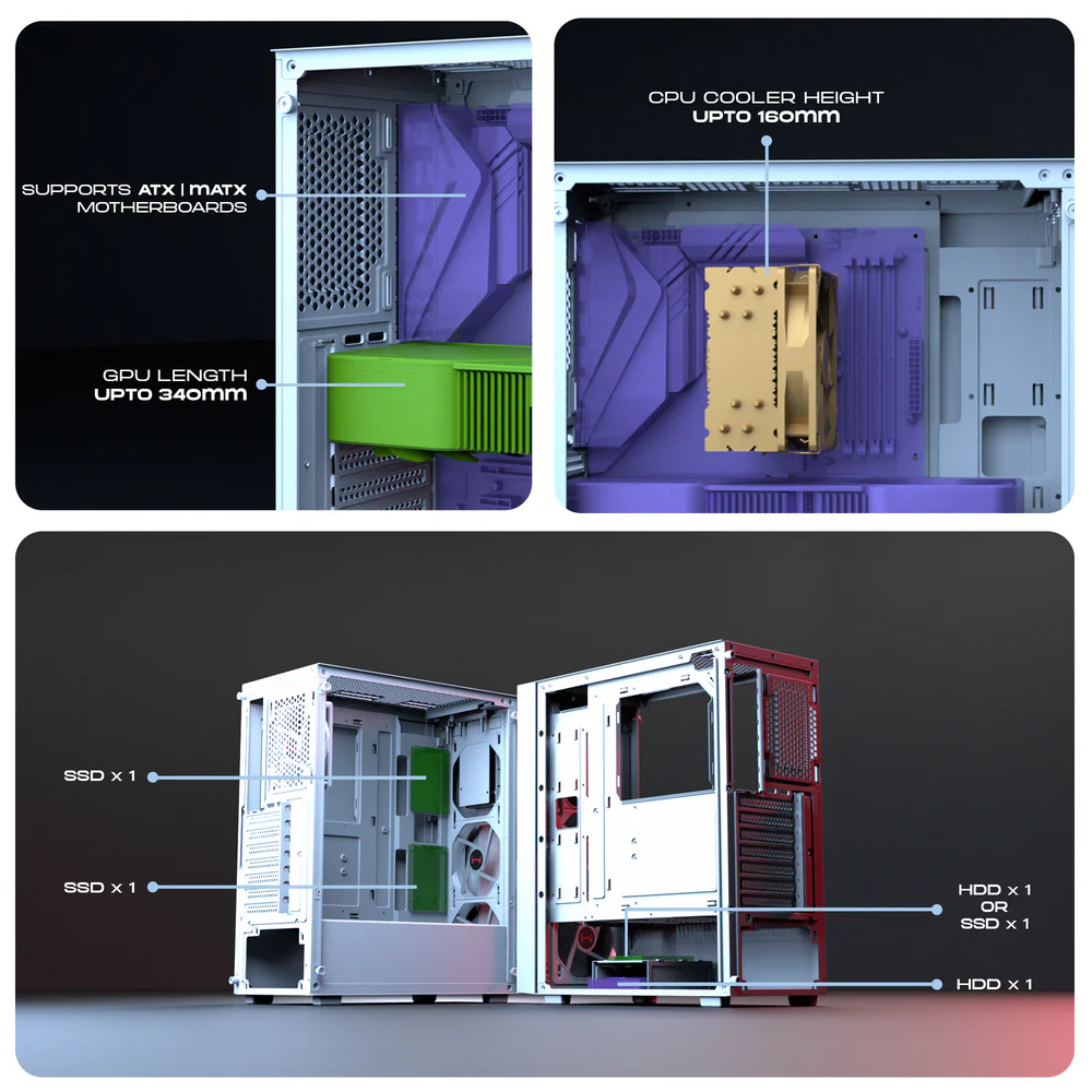 Dawg V 350 White ATX Mid Tower Tempered Glass Side Panel Cabinet With Pre-Installed Center Glow Multicolor Fans - Image 3
