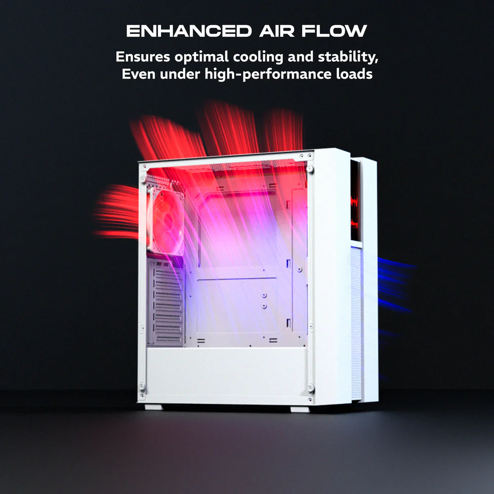 Dawg V 350 White ATX Mid Tower Tempered Glass Side Panel Cabinet With Pre-Installed Center Glow Multicolor Fans - Image 4