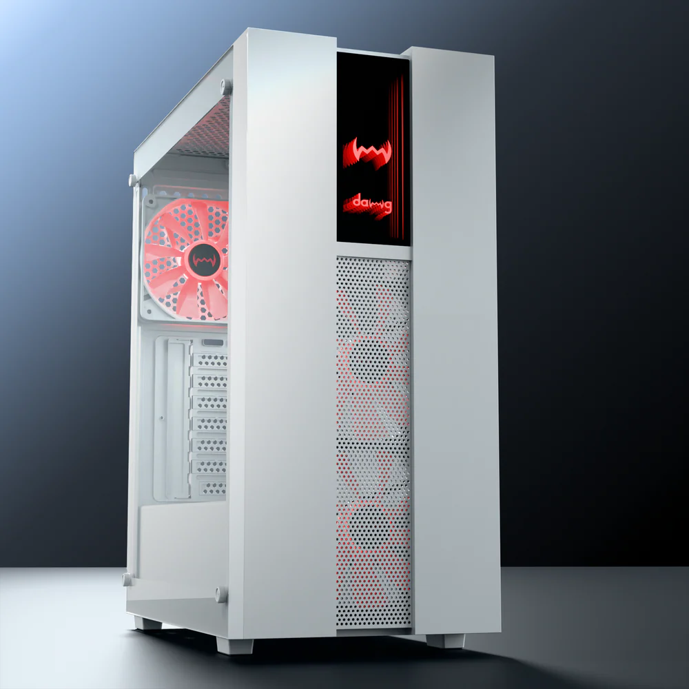 Dawg V 350 White ATX Mid Tower Tempered Glass Side Panel Cabinet With Pre-Installed Center Glow Multicolor Fans - Image 2