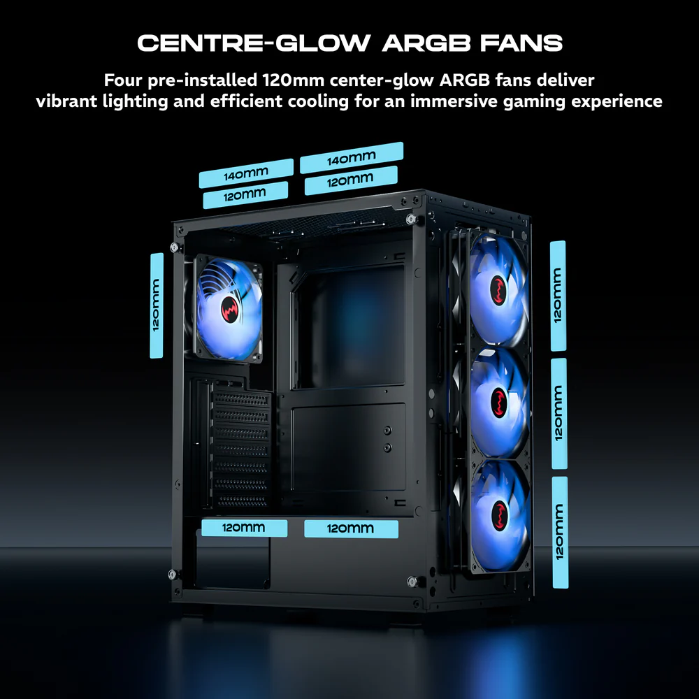 Dawg X 440 Black ATX Mid Tower Tempered Glass Side Panel Cabinet With Pre-Installed Center Glow ARGB Fans - Image 4