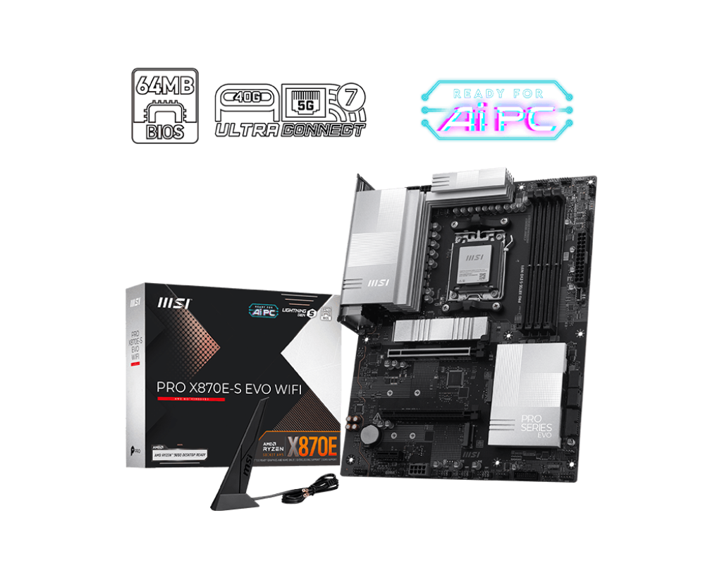 MSI PRO X870E-S EVO WIFI ATX Motherboard ( AMD Socket AM5, Supports AMD Ryzen 9000, 8000, 7000 Series Desktop CPU, 4x DDR5 RAM Slots, Max 256GB RAM )