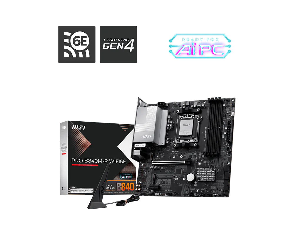 MSI PRO B840M-P WIFI6E m-ATX Motherboards ( AMD Socket AM5, Supports AMD Ryzen 9000, 8000, 7000 Series Desktop Cpu, 4x DDR5 RAM Slots, Max 256GB RAM Support )