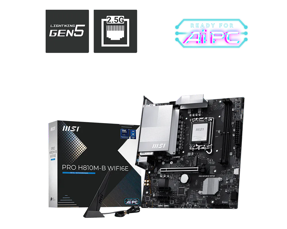 MSI PRO H810M-B WIFI6E mATX Motherboard ( Intel Socket LGA 1851, Supports Intel Core Ultra (Series 2) Cpu, 2x DDR5 RAM Slots, Max 128GB RAM Support )